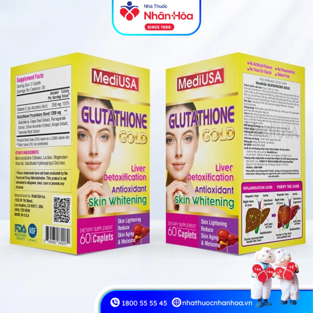 Viên Uống Glutathione Gold MediUSA Hỗ Trợ Trắng Da – Giảm Nám (Hộp 60 Viên)